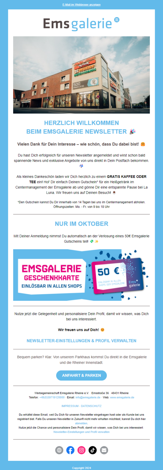 Beispiel für E-Mail-Marketing-Automatisierung: Willkommensmail der EMS Galerie