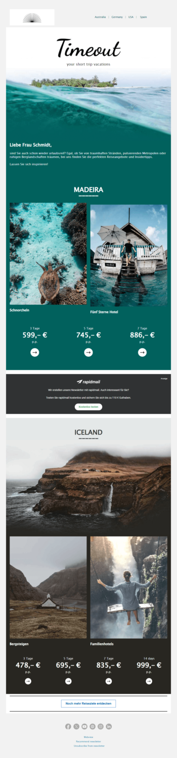 Beispiel für den Newsletter eines Reisebüros, in dem eine angemessene Anzahl CTA-Buttons platziert wurde