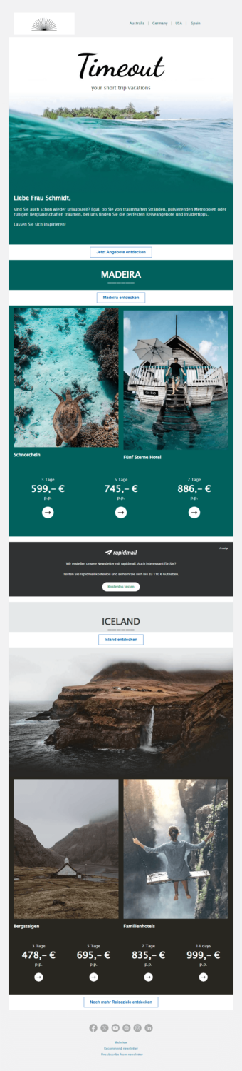 Beispiel für den Newsletter eines Reisebüros, in dem zu viele CTA-Buttons platziert wurden