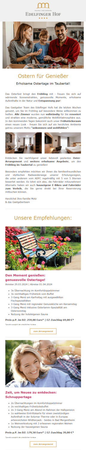 Newsletter-Beispiel eines Hotels zu Ostern