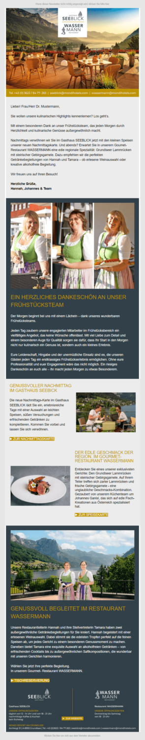 Newsletter-Beispiel eines Hotels, das einen Blick hinter die Kulissen ermöglicht