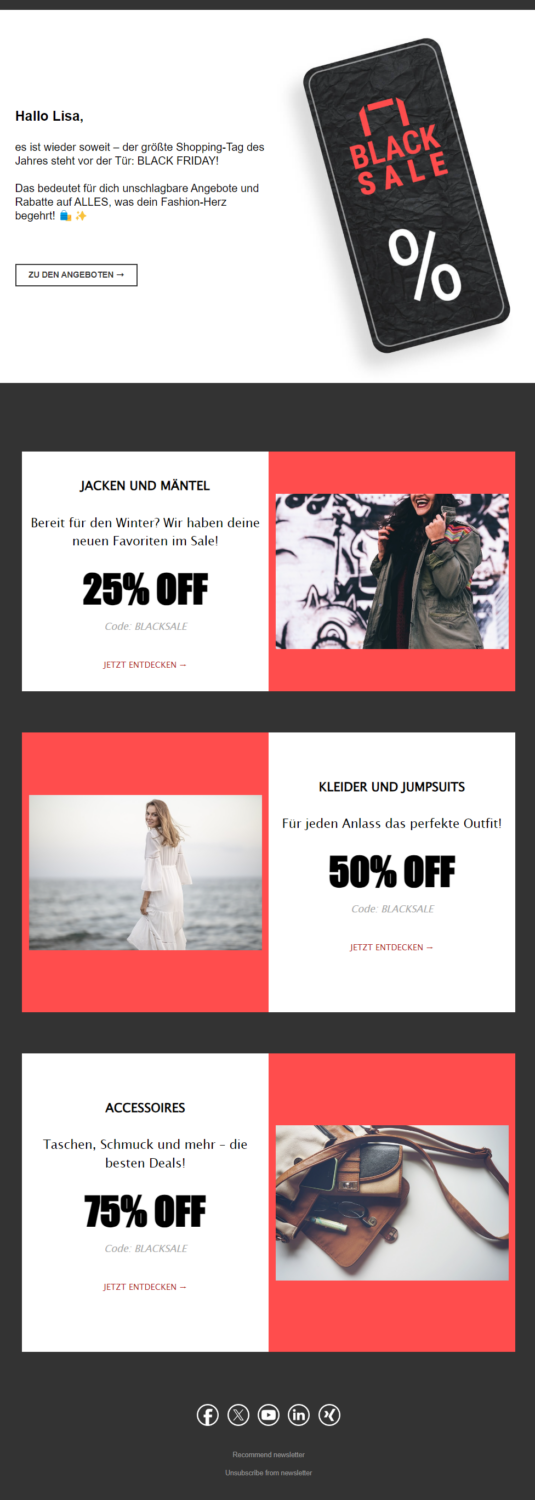 Black Friday Newsletter eines Mode-Onlineshops