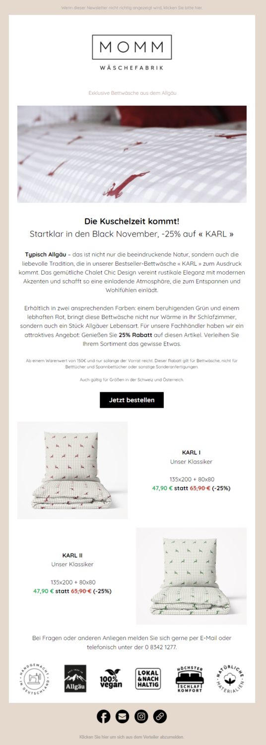 Newsletter-Beispiel von MOMM Wäschefabrik zum Black Friday