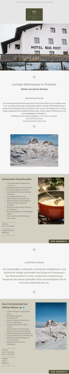 Weihnachts-Newsletter-Beispiel Posthotel Lechtal