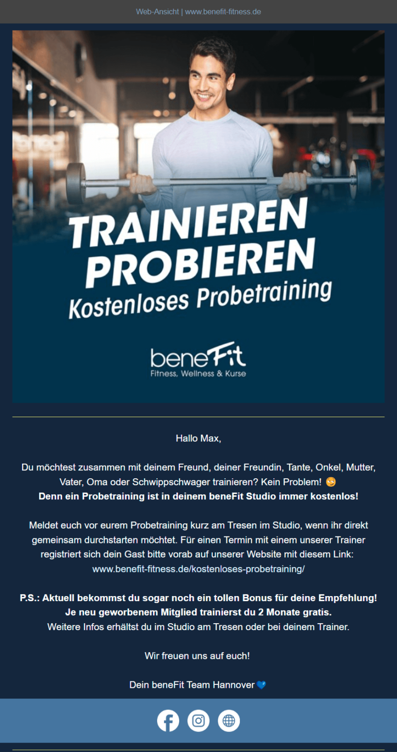 Beispiel für Duotone-Newsletter-Design des Fitnessclubs beneFit