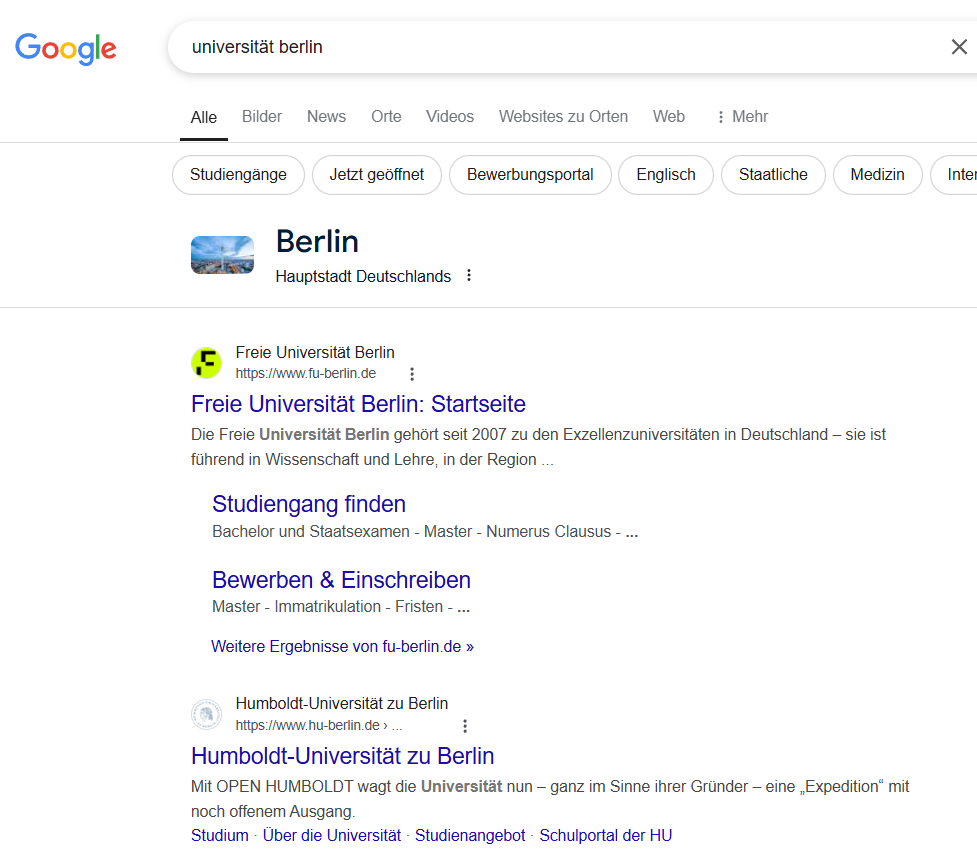 Google-Suche “Universität Berlin”