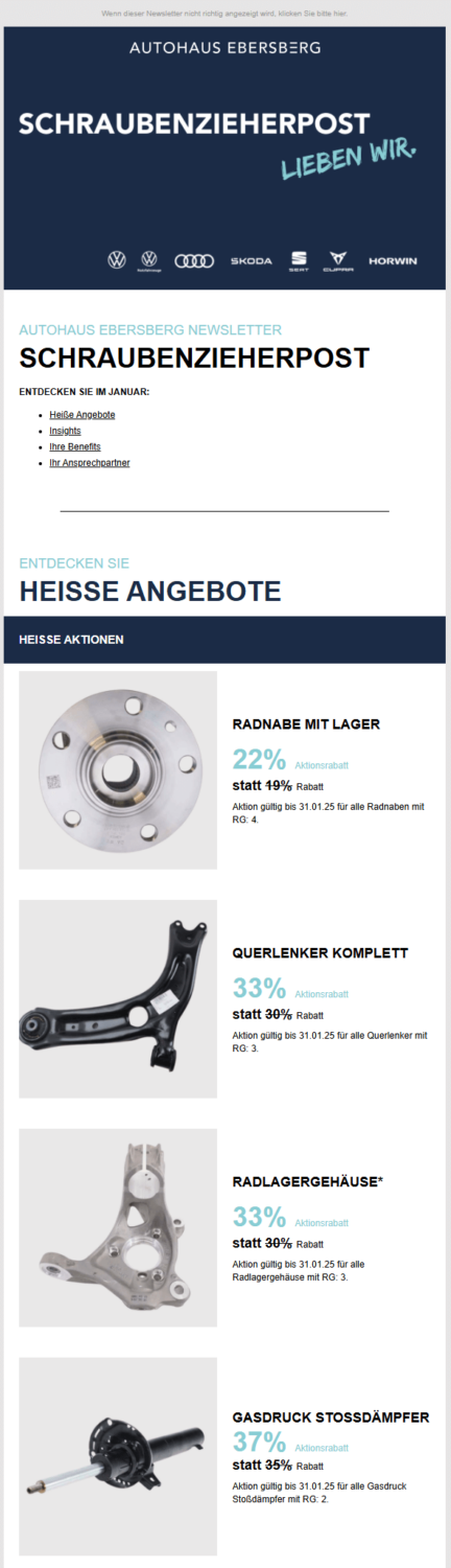 Crossselling-Newsletter-Beispiel des Autohaus Ebersberg mit Angeboten auf Ersatzteile