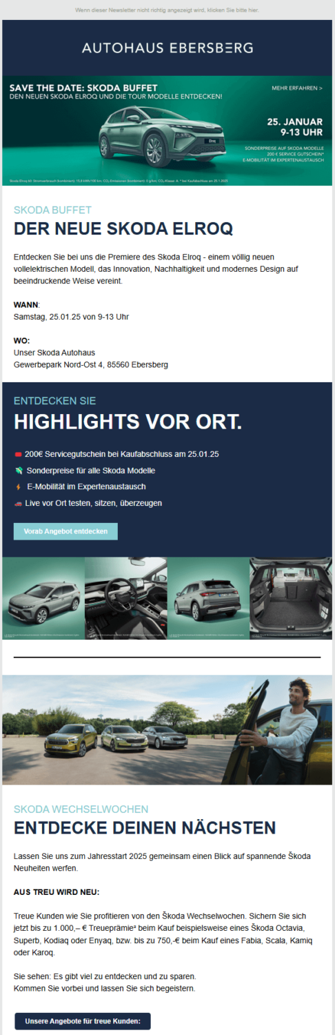 Newsletter-Beispiel des Autohaus Ebersberg in dem neue Automodelle beworben werden