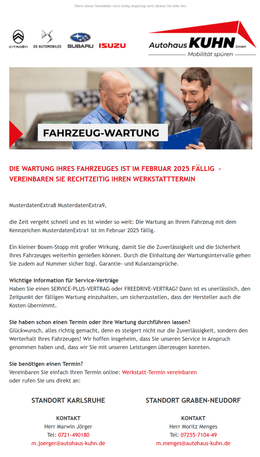 Kfz-Newsletter-Beispiel des Autohaus Kuhn mit Erinnerung an den anstehenden Wartungstermin