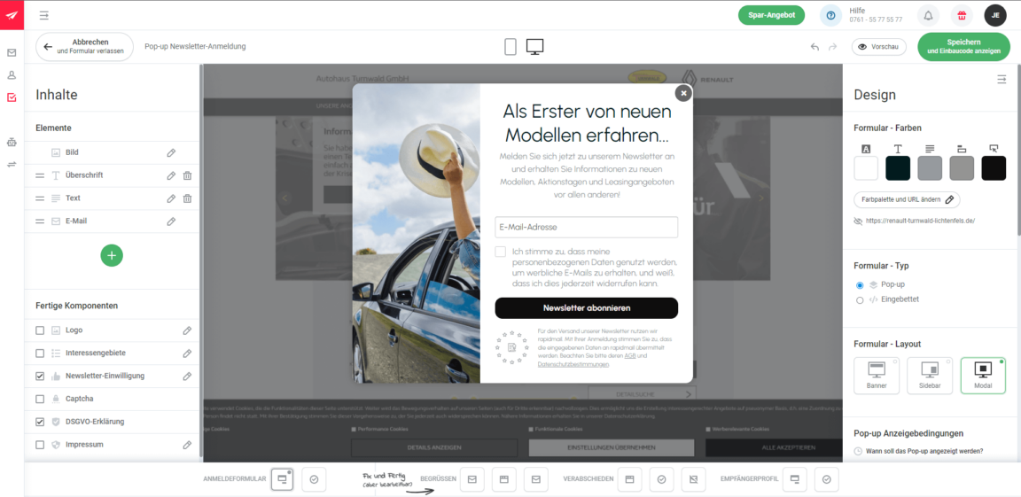 Editor für Newsletter-Pops für Autohaus-Websites