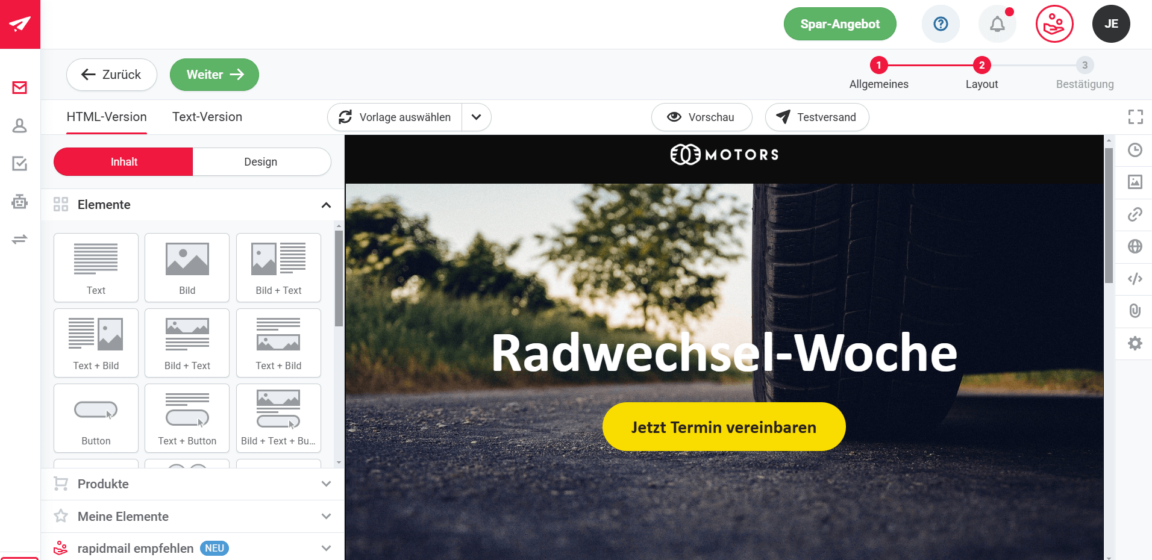 Einblick in den rapidmail Newsletter-Editor für Kfz-Newsletter