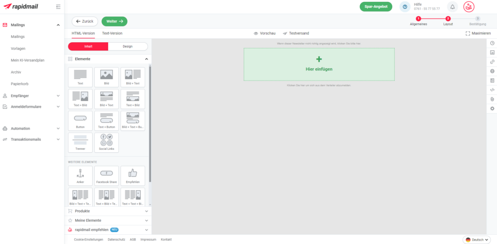 Im rapidmail Editor das Newsletter-Template aus verschiedenen Bausteinen selbst zusammenbauen