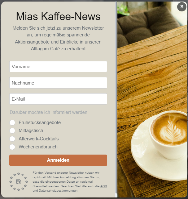 Ein Newsletter-Anmeldeformular am Beispiel eines Cafés