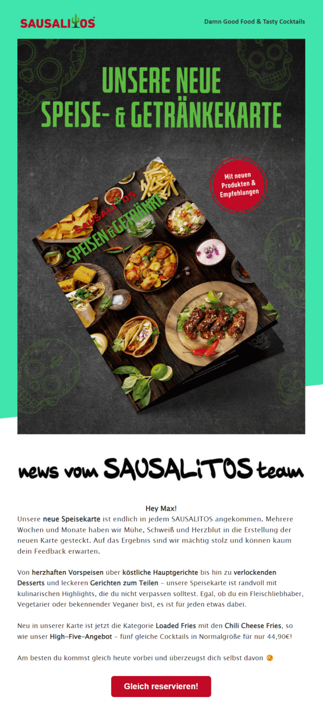 Newsletter-Beispiel der Restaurantkette Sausalitos